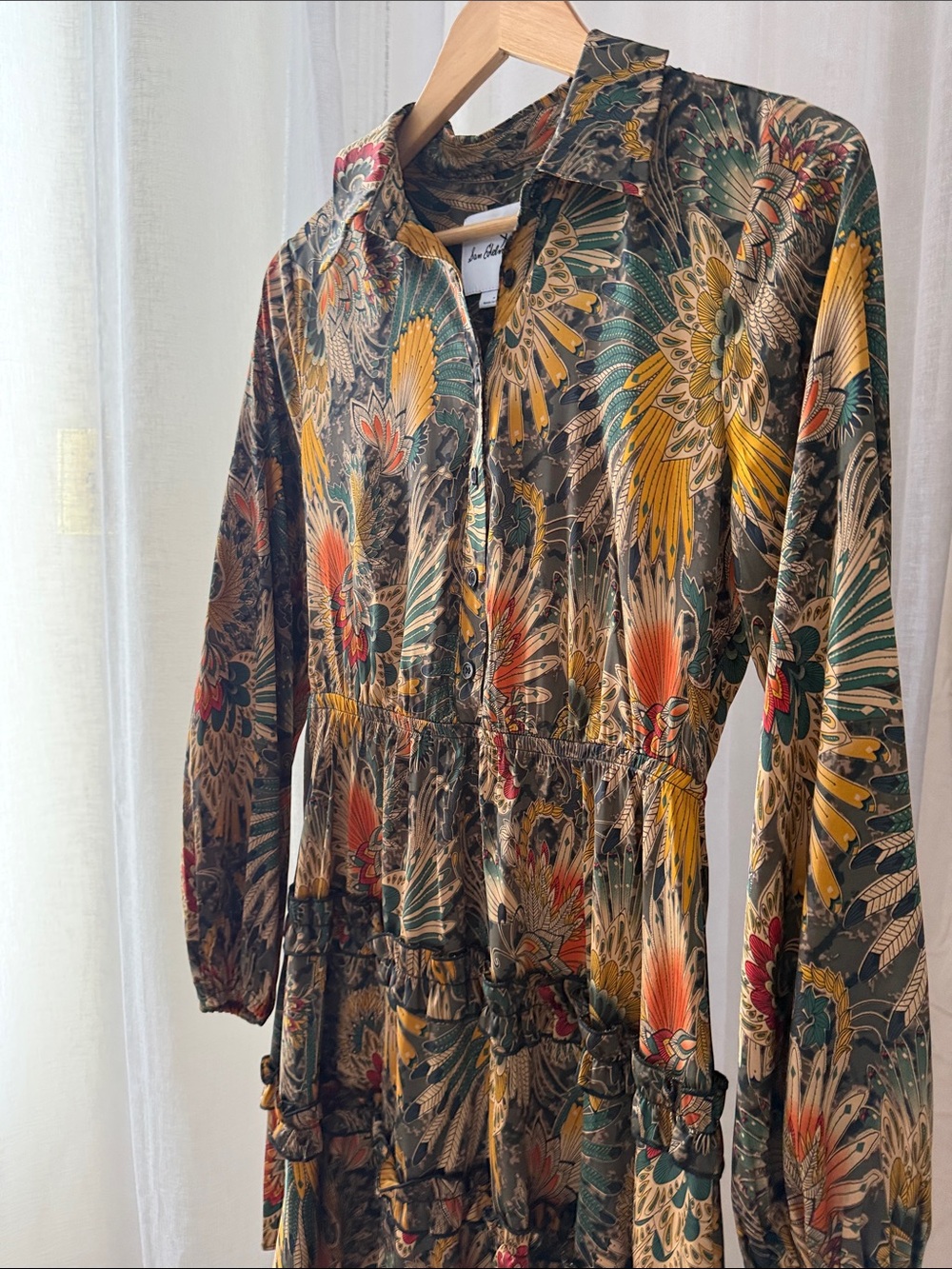Sam Edelman Long-Sleeve Tiered Dress in Mustard, Teal & Rust - Picture 7 of 8